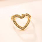 Gold Stainless Steel Diamond-encrusted Heart Ring