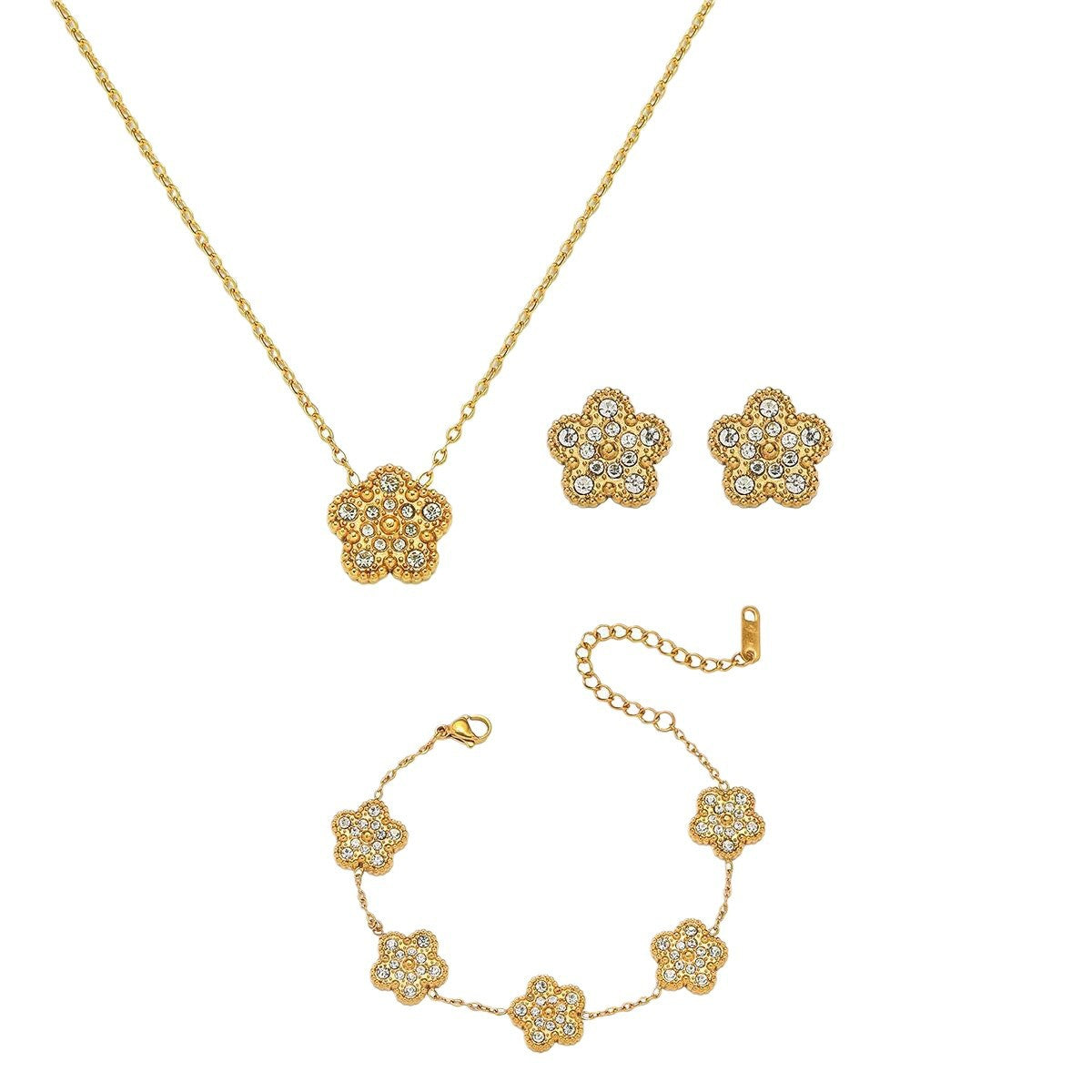 Five-leaf Clover [full Diamond Three-piece Set] Stainless Steel Diamond Flower Necklace Bracelet Earring Set