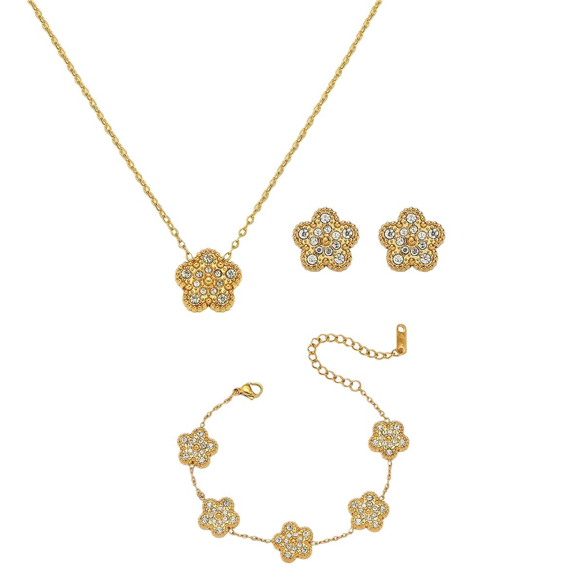 Five-leaf Clover [earrings + Necklace] Stainless Steel Diamond Flower Necklace And Earring Set