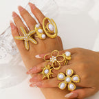 Ring 3# Stainless Steel Pearl Flower Ring