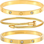 Set Titanium Steel Buckle Rhinestone Four-leaf Clover Bangle