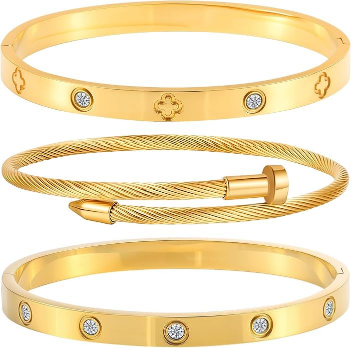 Set Titanium Steel Buckle Rhinestone Four-leaf Clover Bangle