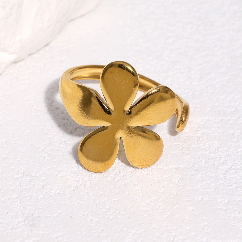 Gold Stainless Steel Ring Tarnish Free Flower Gold Plated Sweet Adjustable
