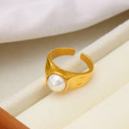 Fashion Gold Stainless Steel Pearl Open Ring