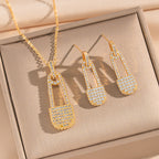Silver Suit Titanium Steel Diamond-encrusted Four-leaf Clover Necklace And Earring Set