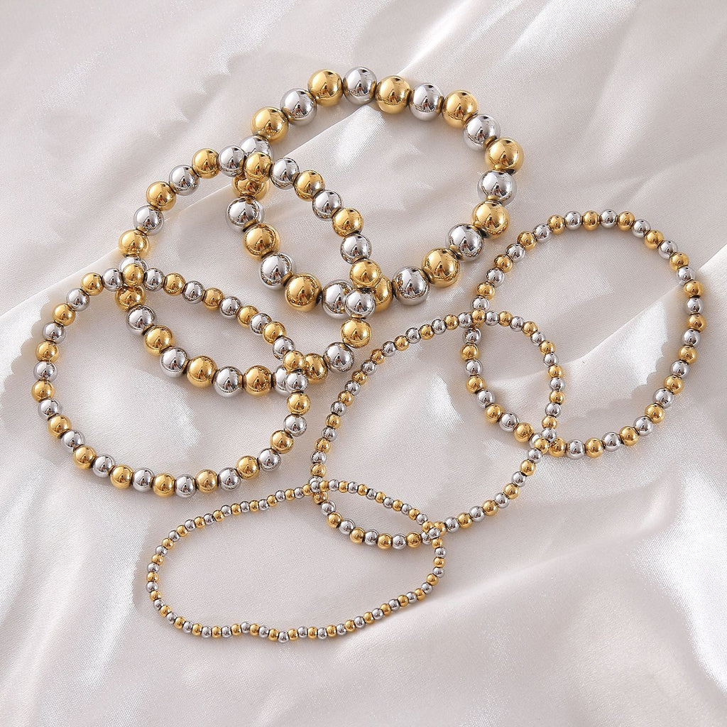 10mm Two-tone Gold And Steel Stainless Steel Beaded Bracelet For Women 18cm Stainless Steel Colorblock Beaded Bracelet