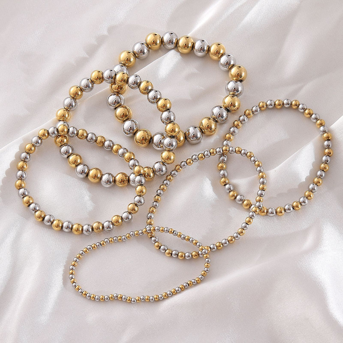 10mm Two-tone Gold And Steel Stainless Steel Beaded Bracelet For Women 18cm Stainless Steel Colorblock Beaded Bracelet
