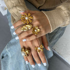 Gold 6 Stainless Steel Flower Pearl Ring