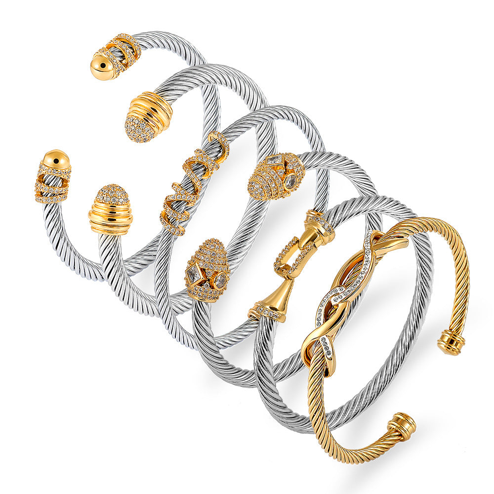 Fashion Style-10 Steel Colors Stainless Steel Diamond Threaded Open Bracelet