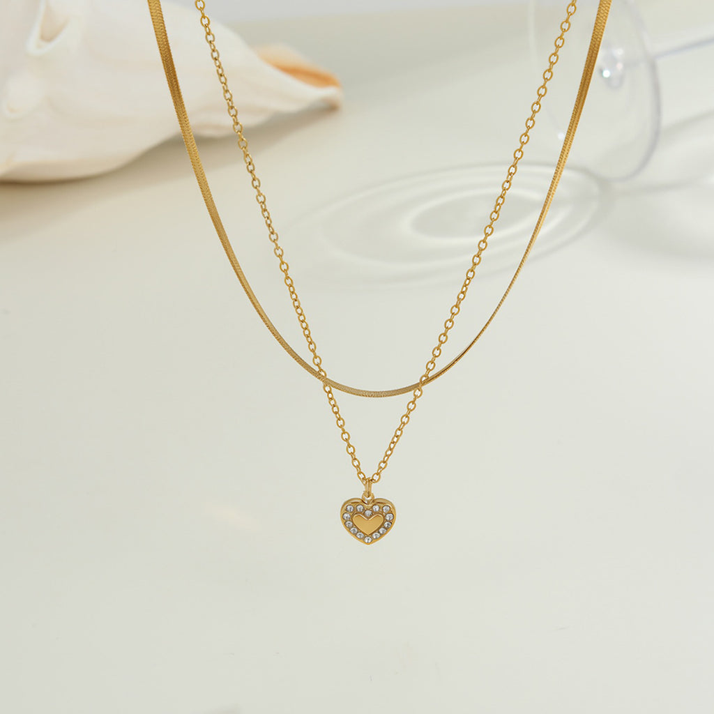 Gold Stainless Steel Diamond-encrusted Heart Double-layer Necklace