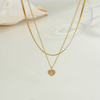 Gold Stainless Steel Diamond-encrusted Heart Double-layer Necklace