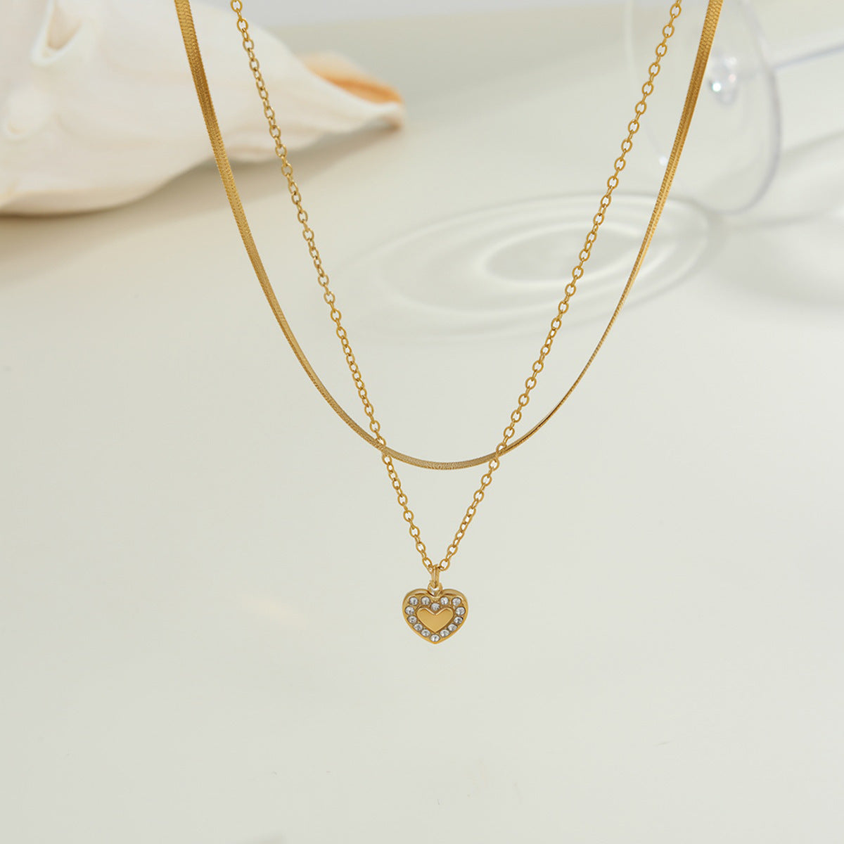 Gold Stainless Steel Diamond-encrusted Heart Double-layer Necklace