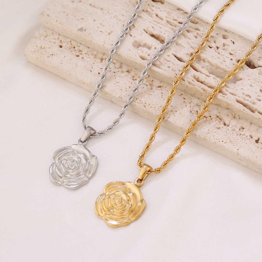 Golden Square Roses Stainless Steel Flower Necklace