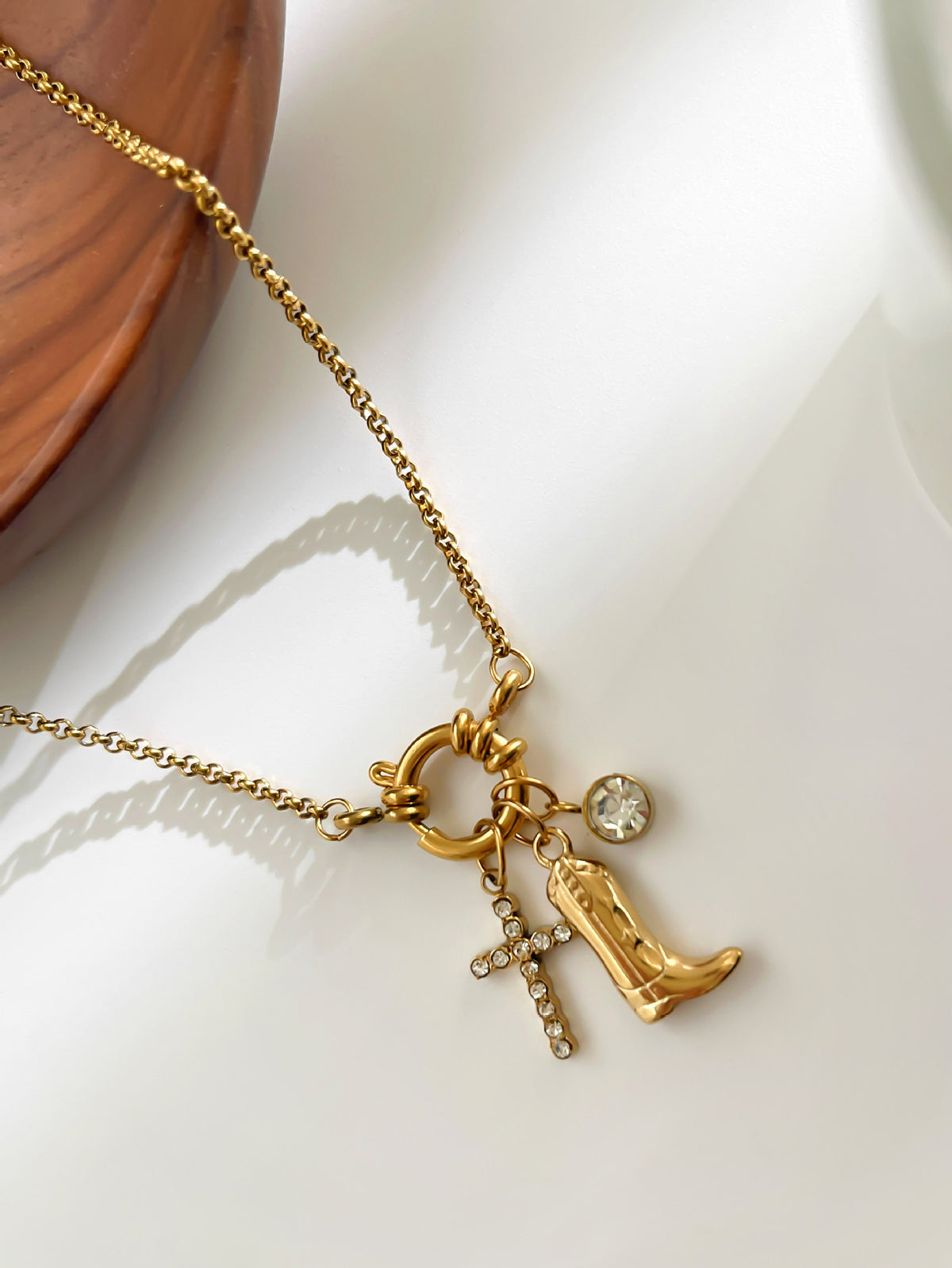 Gold Stainless Steel Diamond-encrusted Cross Boot Necklace