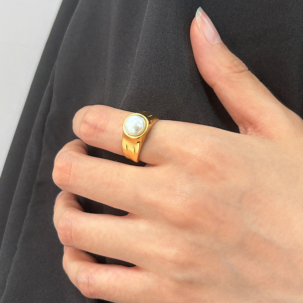 Fashion Gold Stainless Steel Pearl Open Ring