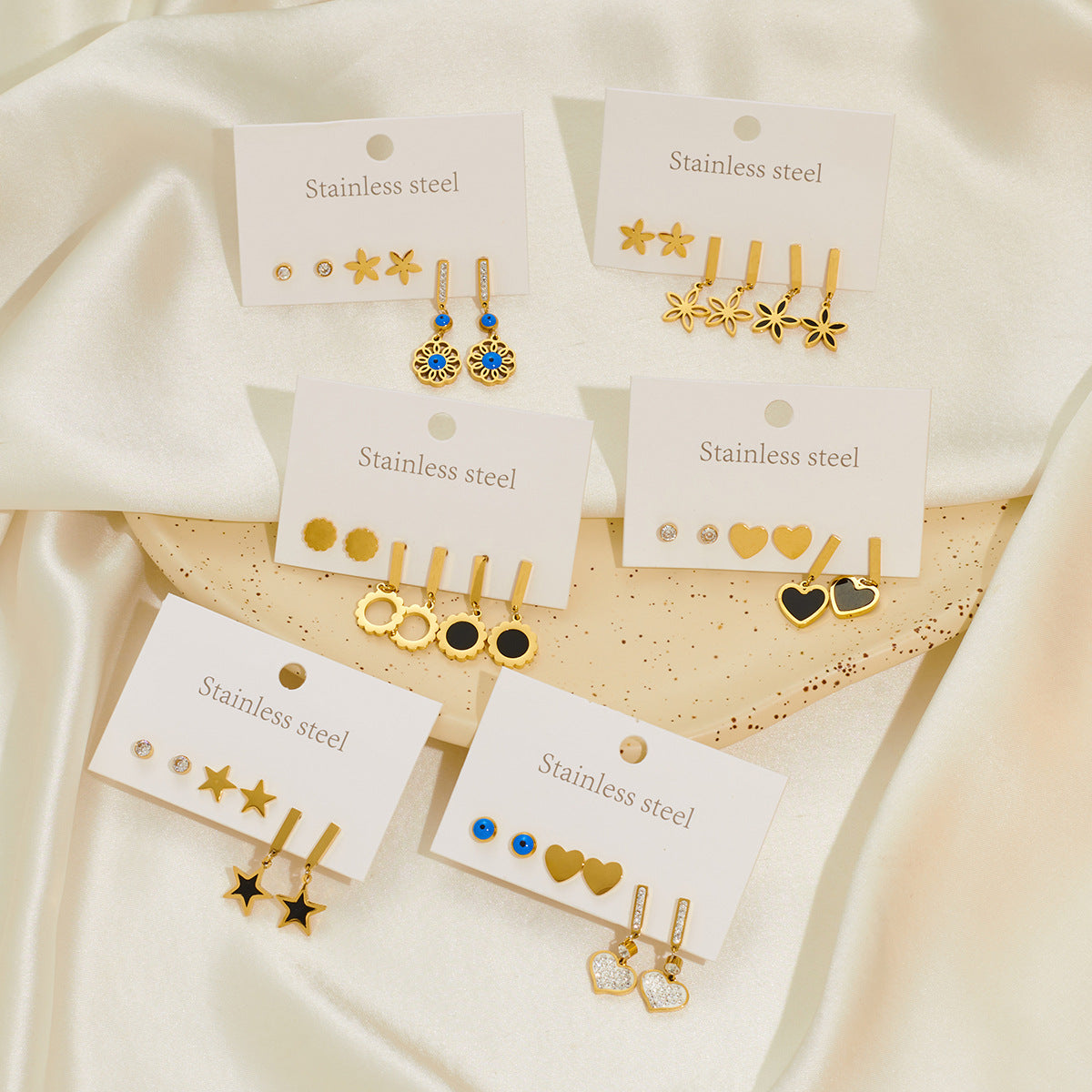 C-shaped Hoop Earrings Set Heart Star Bowknot Steel Stud Earrings