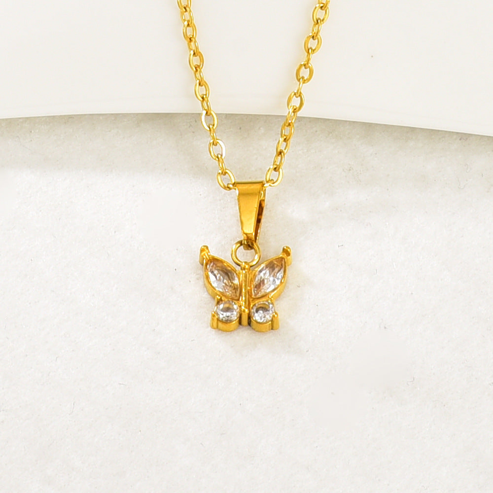 Gold Stainless Steel Diamond-encrusted Butterfly Necklace