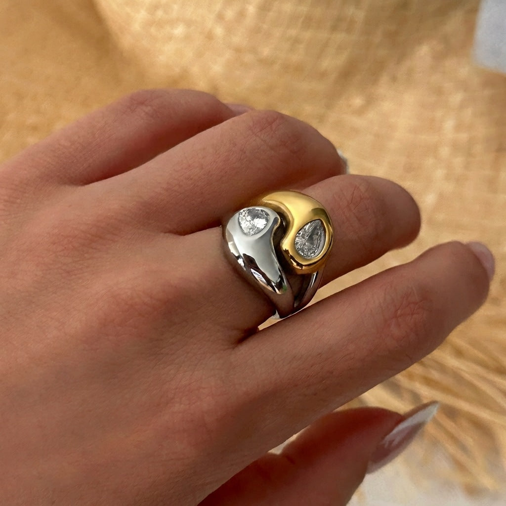 Two-tone 2 3pcs 18k Gold Stainless Steel Color Block Zircon Ring Set