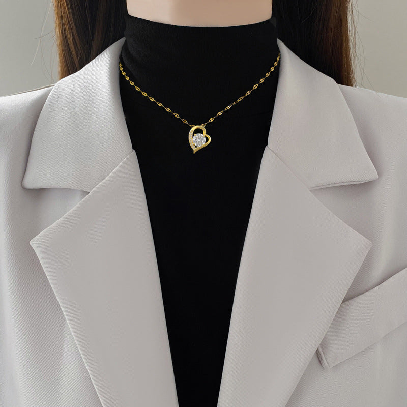 Gold Titanium Steel Diamond Heart Necklace