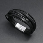 Silver Magnetic Buckle + Black Leather 23cm Multi-layer Braided Magnetic Buckle Men's Bracelet