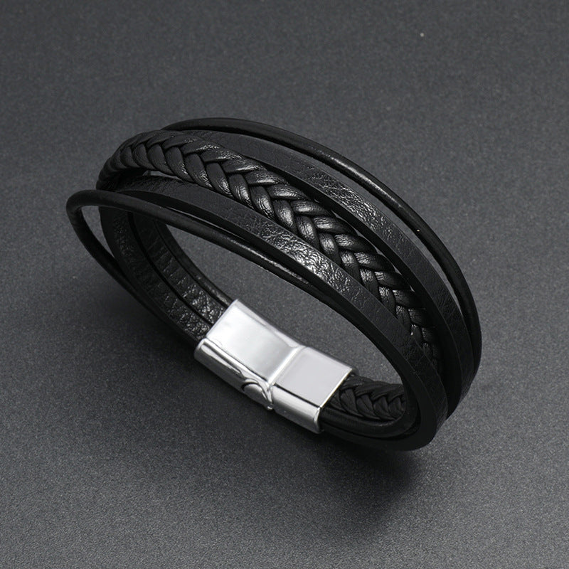 Silver Magnetic Buckle + Black Leather 23cm Multi-layer Braided Magnetic Buckle Men's Bracelet