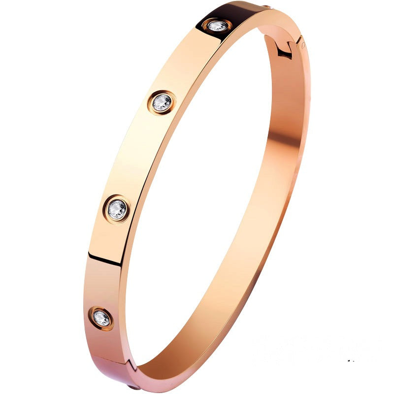 Fashion Silver Titanium Steel Round Open Bracelet With Diamonds
