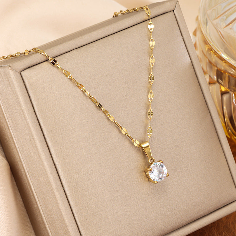 Round Zircon Stud Earrings - Gold - White Zircon 18k Gold Plated Titanium Steel Zircon Necklace Set