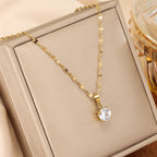 Round Zircon Stud Earrings - Gold - White Zircon 18k Gold Plated Titanium Steel Zircon Necklace Set