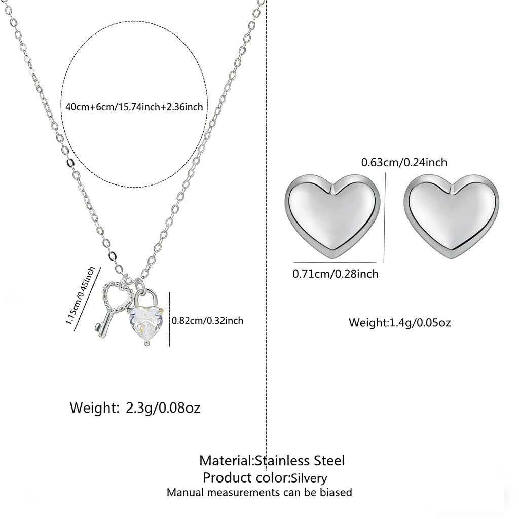 Set Stainless Steel Heart Earrings And Key Necklace Set