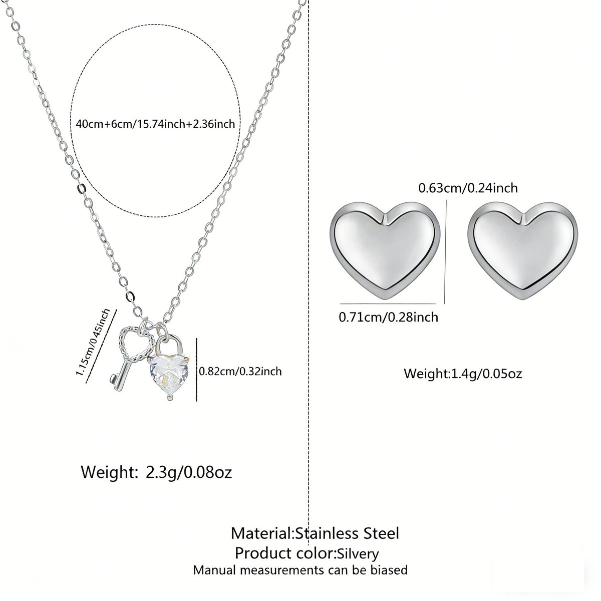 Set Stainless Steel Heart Earrings And Key Necklace Set