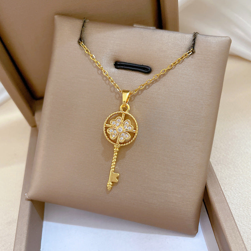 Gold Titanium Steel Diamond-encrusted Key Necklace