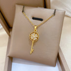 Gold Titanium Steel Diamond-encrusted Key Necklace
