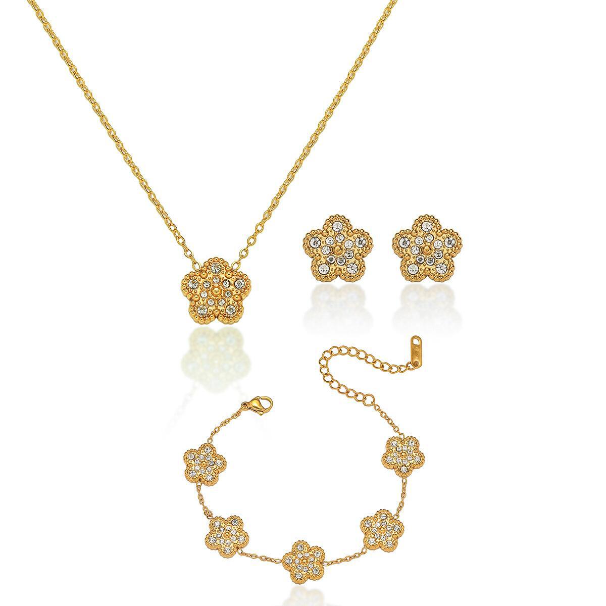 Five-leaf Clover Full Diamond Necklace Stainless Steel Diamond Flower Necklace