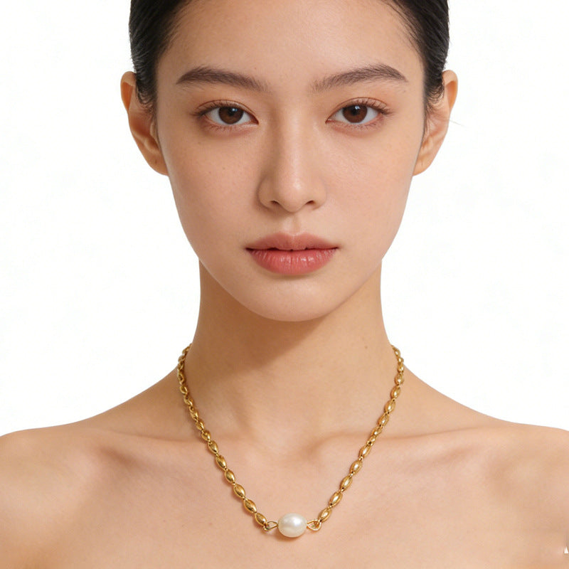 Set Stainless Steel Pearl Necklace Bracelet And Earring Set