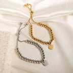 Silver Stainless Steel Heart Beaded Bracelet