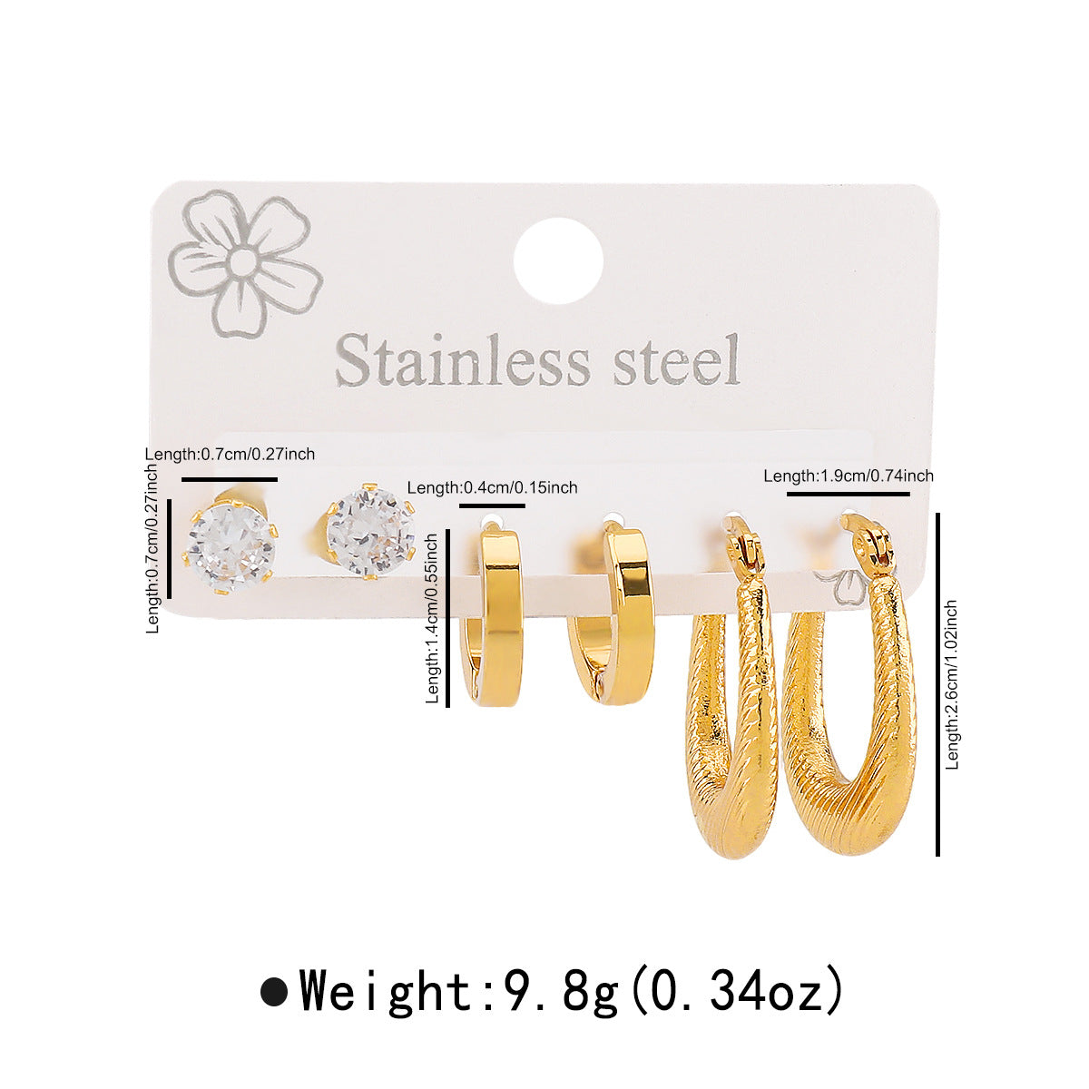 Round Stainless Steel Diamond Oval Five-pointed Star Heart Geometric Earrings Set
