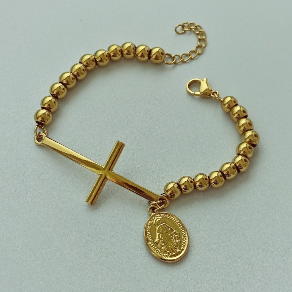 Steel Stainless Steel Beaded Cross Portrait Bracelet
