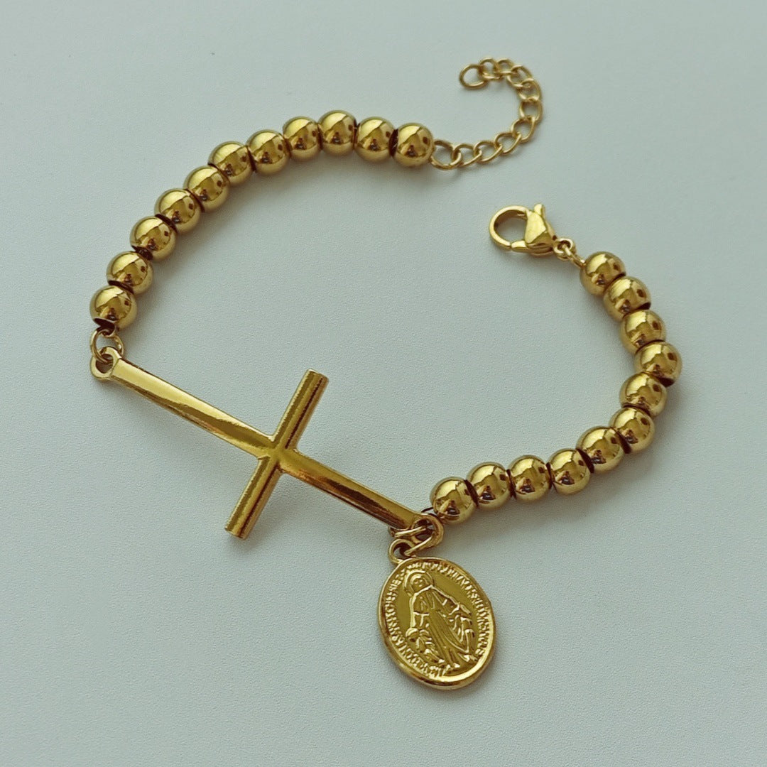 Steel Stainless Steel Beaded Cross Portrait Bracelet